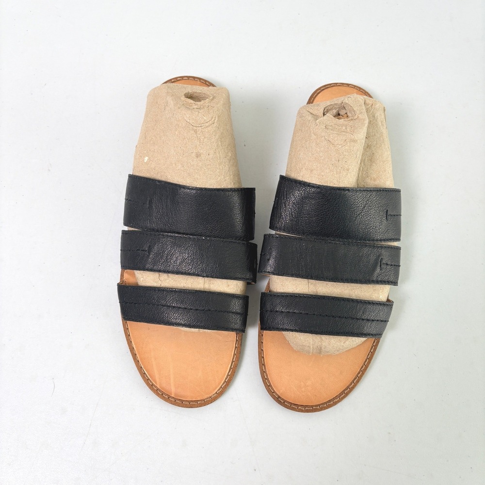 Frye and Co Slide Sandals Womens 8.5 M Black Leather Triple Strap Flat Slip On